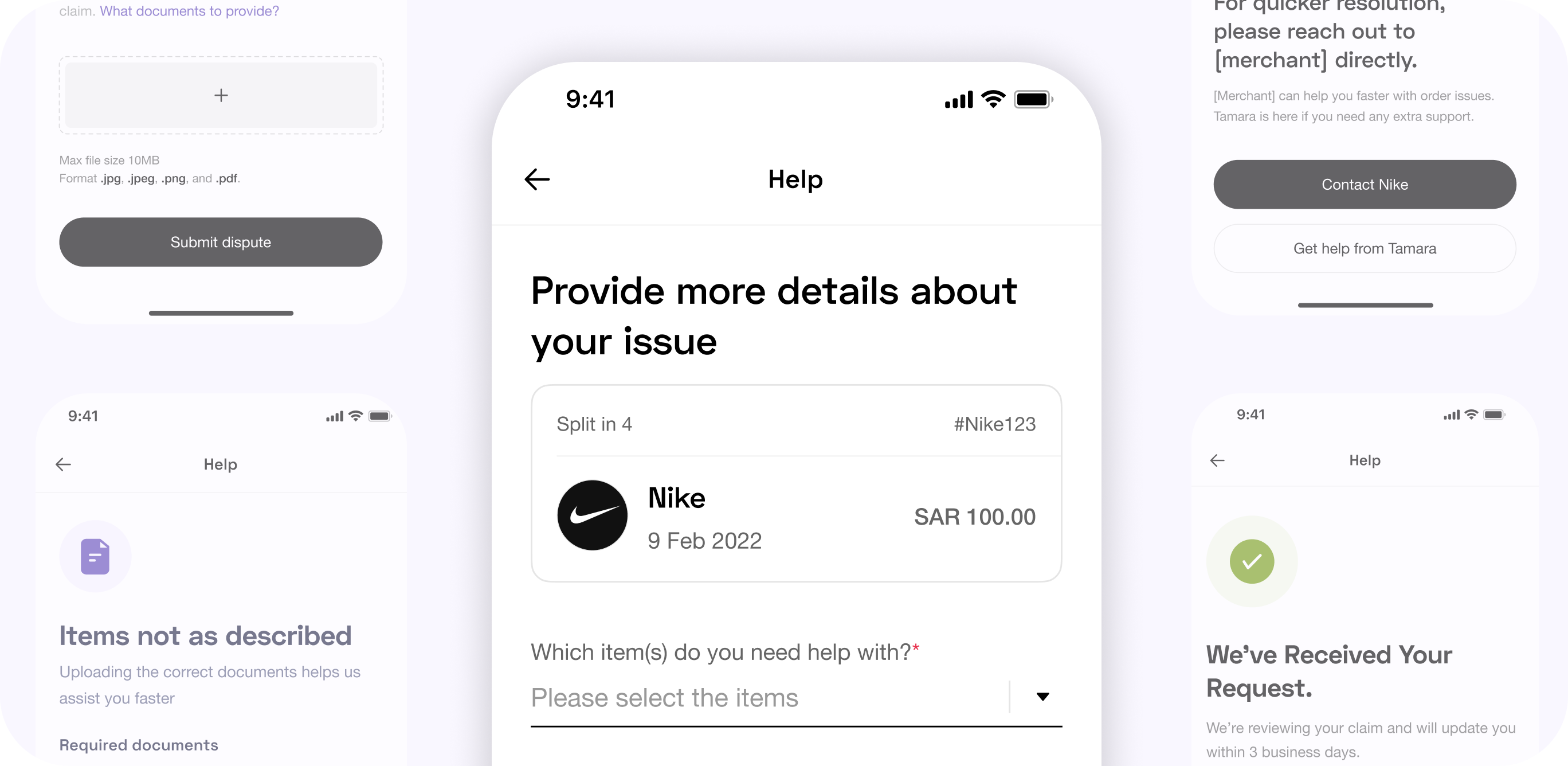 Dispute flow screens